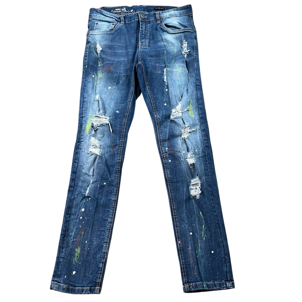 Copper Rivet Slim Fit Distressed Paint Splashed Jeans.  Size 34/32